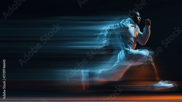Fototapeta African runner in white sportswear sprinting right with motion blur and empty space on left for text background
