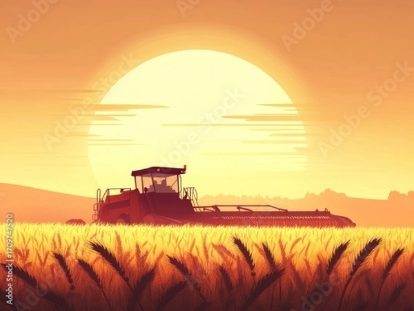 Obraz Harvesting scene at sunset