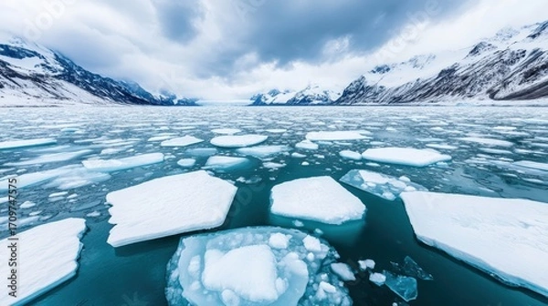 Fototapeta Panoramic view of ice floes floating on turquoise water with snowy mountains in the background, creating a breathtaking arctic landscape