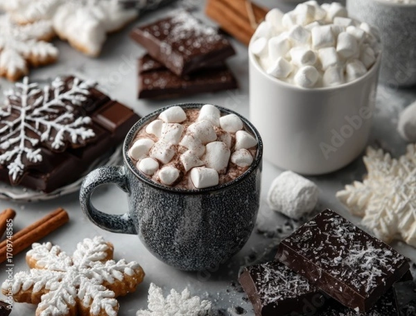 Obraz Festive hot chocolate scene with cookies, chocolate, and marshmallows