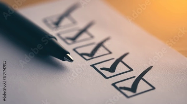 Obraz Checklist with completed checkmarks on paper under warm light representing productivity goal achievement task management and success