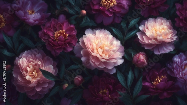 Fototapeta A lush background of peonies in deep shades of purple and pink. A moody, dramatic, and romantic dark floral pattern for wallpaper or fabric.