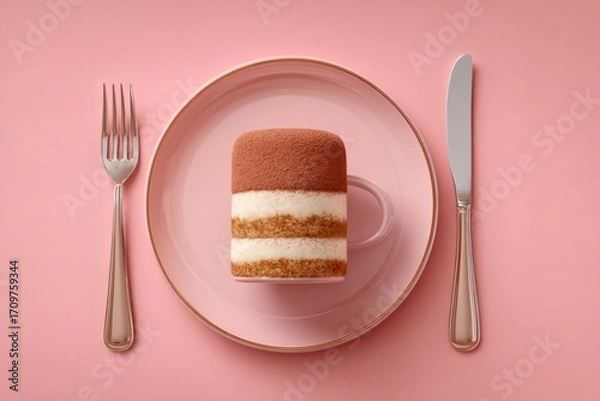 Fototapeta Tiramisu cake resembling coffee mug, plated on soft pink surface with refined silverware, highlighting gourmet dessert styling