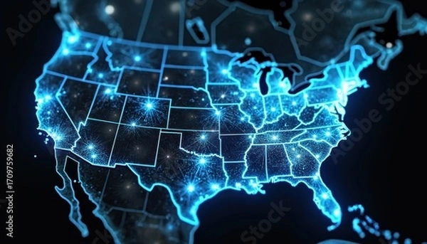 Fototapeta Glowing blue data threads form neural network patterns across USA map. Dark satellite view backdrop shows illuminated cities, connectivity. Abstract digital light communication, futuristic cyberspace
