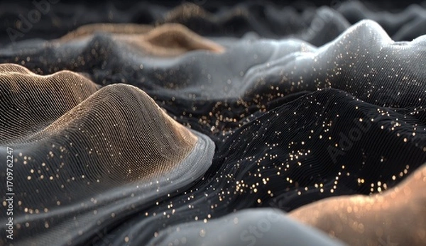 Obraz Abstract digital landscape of textured hills,  golden particles