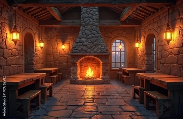 Fototapeta Fantasy medieval tavern interior with roaring fireplace, stone walls. Wooden tables, benches create cozy atmosphere. Lanterns cast warm light. Arched windows show dark, atmospheric night scene