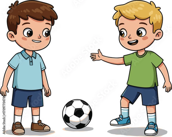 Fototapeta Cartoon two boys standing with soccer ball, smiling and playing together, children activity concept, colorful vector illustration for kids design
