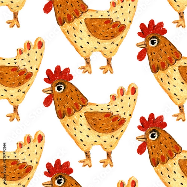 Fototapeta Seamless pattern with funny chickens. Hand drawn farm birds with red combs. Rustic countryside design. Cute poultry illustration.