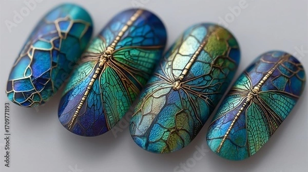 Fototapeta Abstract dragonfly wing nails with iridescent blue and green, artistic and ethereal, clean white background