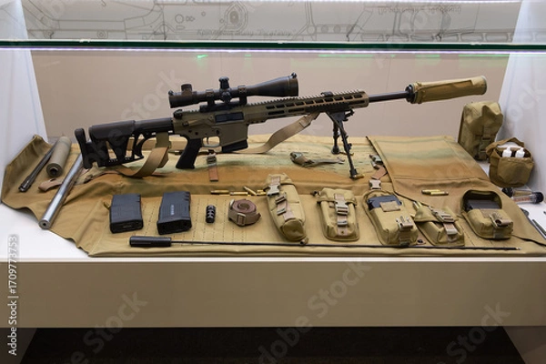 Fototapeta Modern automatic rifles with a set of equipment on the stand