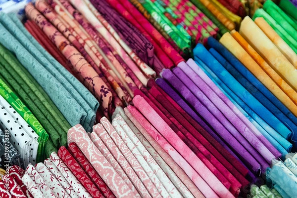 Fototapeta Multicolored textiles on the counter of the store