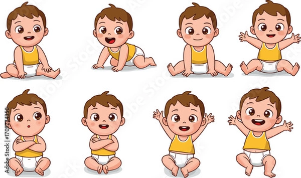 Fototapeta Cute baby boy in yellow tank top and diaper, multiple happy expressions and poses, cartoon vector illustration, adorable infant playing
