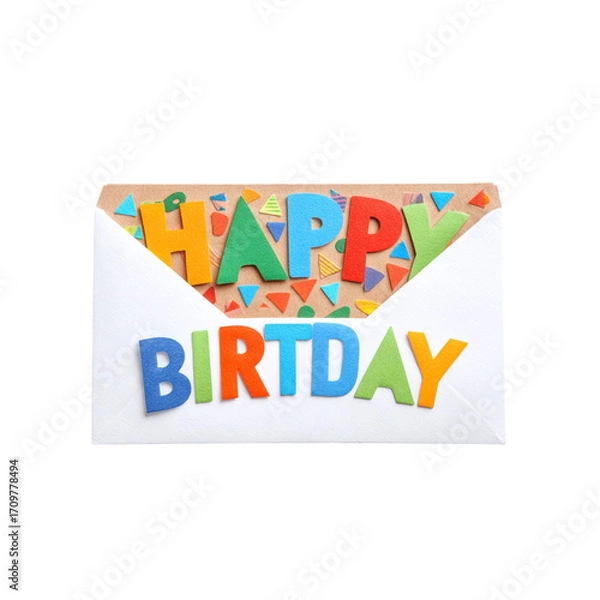 Fototapeta Joyful 'Happy Birthday' message bursting from an open envelope with vibrant confetti, perfect for sending festive wishes and celebrating special moments with loved ones.