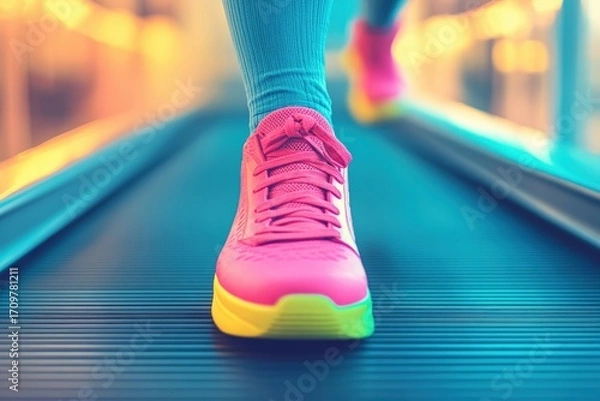 Fototapeta Close up view of vibrant pink and yellow sneakers hitting the treadmill, showcasing energy and motion during an intense gym workout