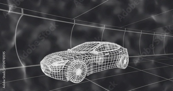 Obraz Displaying 3D wireframe car model navigating virtual grid environment, featuring dot mesh walls