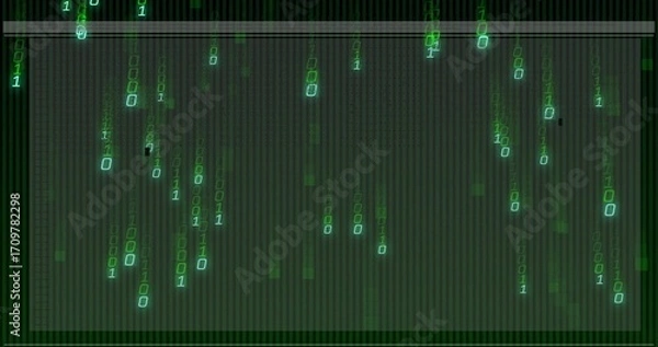 Fototapeta Flowing glowing green binary digits cascading over dark grid backdrop, with digital rain effect