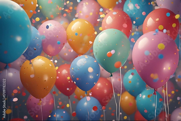 Fototapeta A vibrant and festive image of colorful balloons and confetti, perfect for celebrating birthdays, parties, and special occasions.