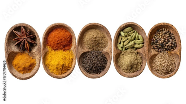 Fototapeta Five small, wooden bowls filled with various spices, arranged in a horizontal row