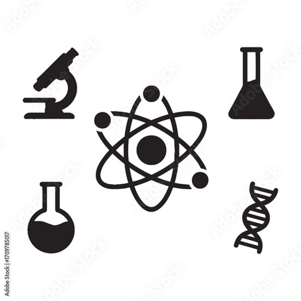 Obraz Science icons atom microscope D N A flask beaker research