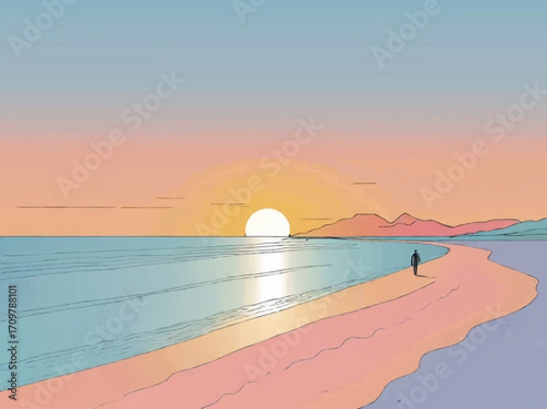 Fototapeta sunset on the beach with lonely person walking along sketch vector illustration