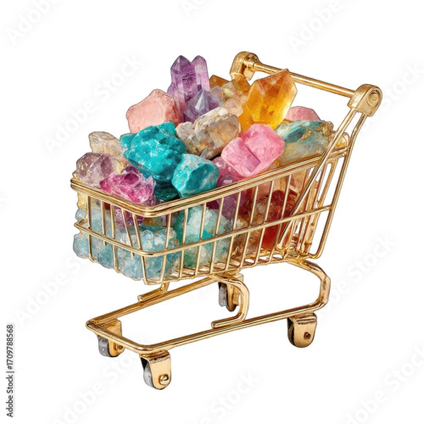 Fototapeta Miniature gold shopping cart overflowing with colorful gemstones