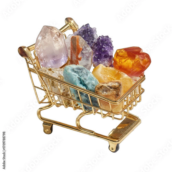 Fototapeta Gold shopping cart overflowing with colorful crystals