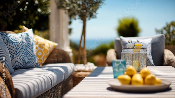Fototapeta Outdoor coastal decor, cushion, plate, vase, flower, lemon and glass set on wood surface with natural light, garden view, relaxed summer style table and tablescape in countryside