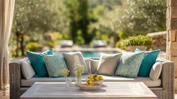 Fototapeta Outdoor coastal decor, cushion, plate, vase, flower, lemon and glass set on wood surface with natural light, garden view, relaxed summer style table and tablescape in countryside