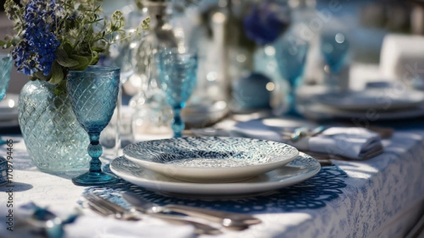 Fototapeta Outdoor coastal decor, cushion, plate, vase, flower, lemon and glass set on wood surface with natural light, garden view, relaxed summer style table and tablescape in countryside
