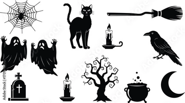 Fototapeta Halloween vector set with black cat, ghosts, spider web, broomstick, graveyard tombstone, crow, candles, spooky tree, cauldron, crescent moon.