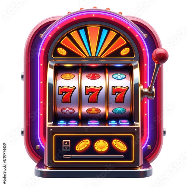 Obraz Classic slot machine with vibrant colors and spinning reels.