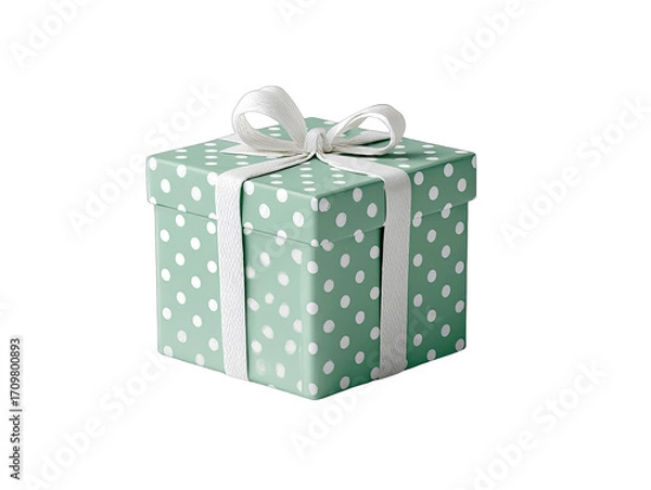 Fototapeta Mint green gift box with white polka dots and ribbon