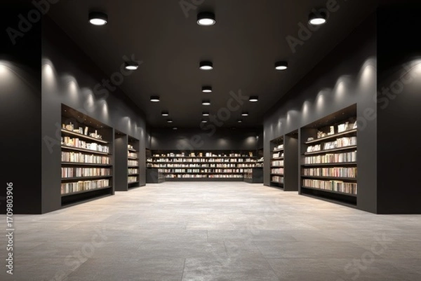 Obraz Dark, modern bookstore interior with numerous bookshelves