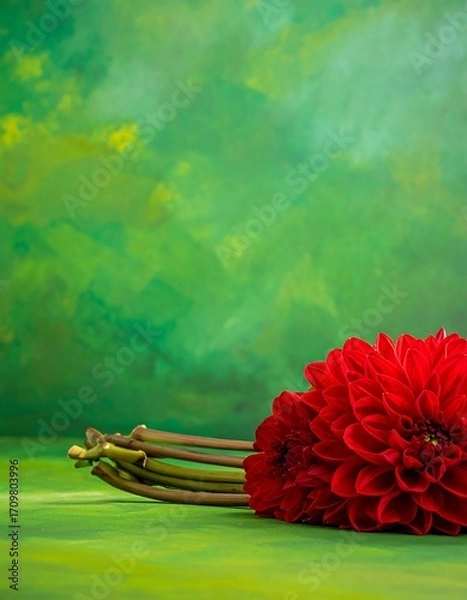Fototapeta Red dahlias on green backdrop