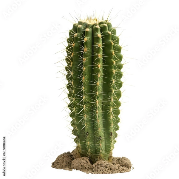 Fototapeta Tall green cactus with sharp spines growing in desert sand environment