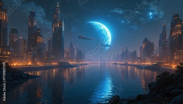 Fototapeta Futuristic city skyline at night with glowing skyscrapers reflected in calm water. Large, luminous planet dominates dark sky alongside spacecraft, suggesting cosmic travel and advanced technology.