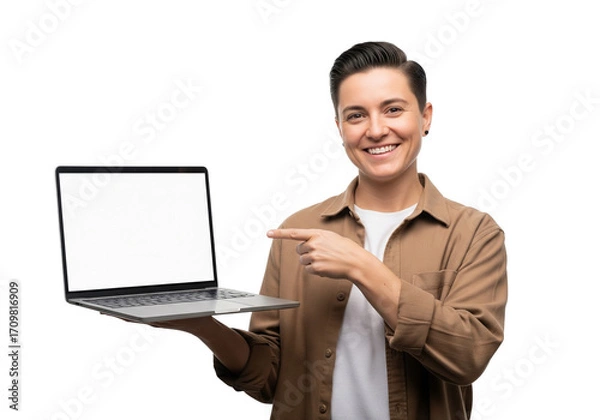 Fototapeta "Present Your Digital Idea: Smiling User Pointing at Blank Laptop Screen"
