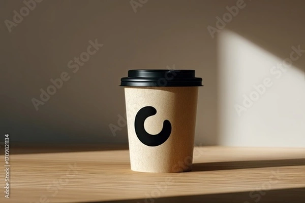 Obraz A disposable coffee cup sits on a light-brown wooden surface, bathed in natural light.  A simple, bold, black "C" logo is prominent on the light brown paper cup
