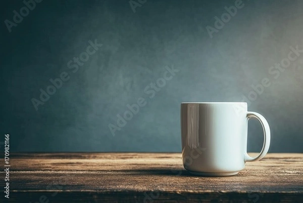 Obraz White mug on wooden table, muted background