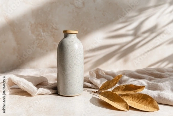 Obraz Light gray ceramic bottle, beige linen, and autumn leaves on a light beige surface, sun-drenched