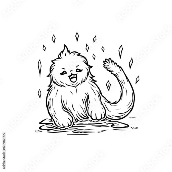 Fototapeta Whimsical feline creature illustration surrounded by glimmering gems in monochromatic playful