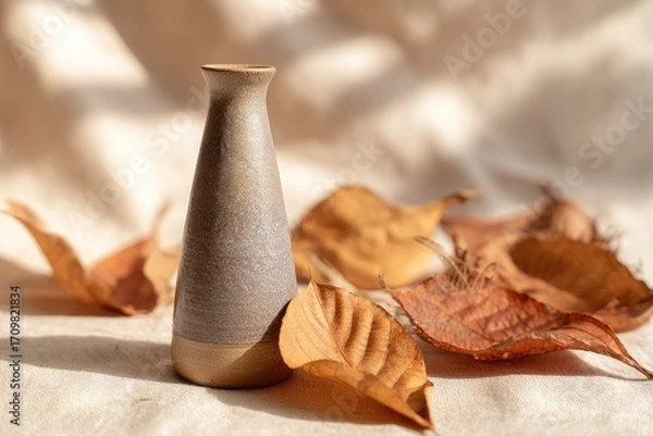 Obraz Small gray vase, autumn leaves