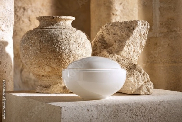 Obraz Light-drenched still life of aged stone and white bowl
