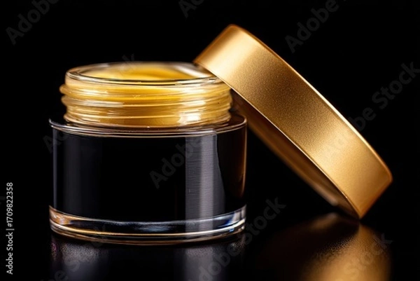 Obraz Gold-lidded jar of golden-yellow cream on black background