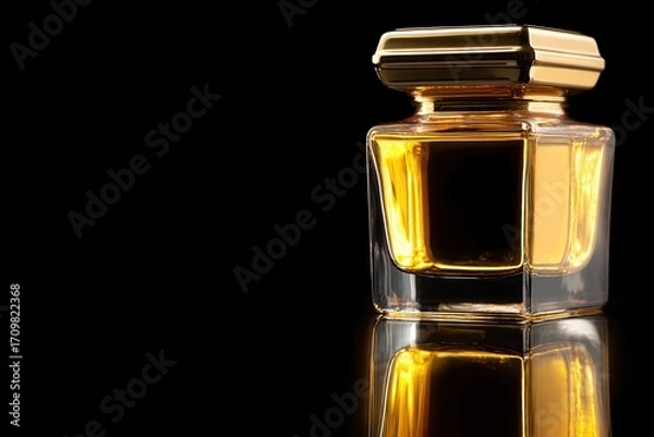Obraz Golden perfume bottle on black background