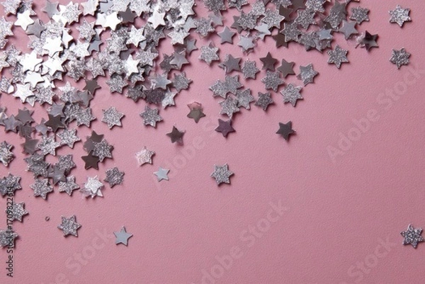 Obraz Silver star confetti on a pink backdrop