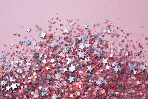 Obraz Pastel pink background with a scattered layer of iridescent star-shaped glitter