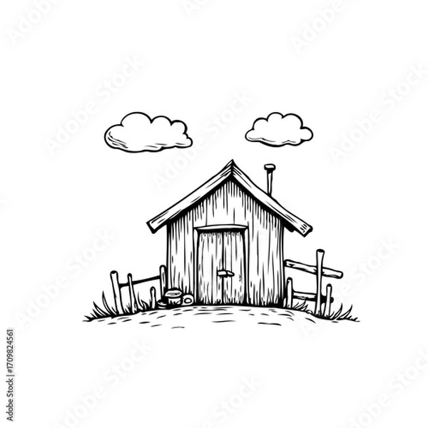 Fototapeta Whimsical rustic shed drawing underneath puffy white clouds sketch of simple life illustration