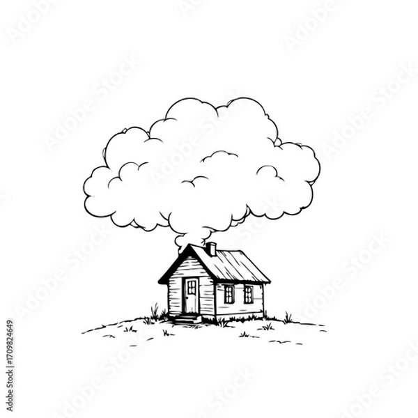 Fototapeta Whimsical single dwelling drawing, outlined cloud above, isolated simplicity and rural tranquility