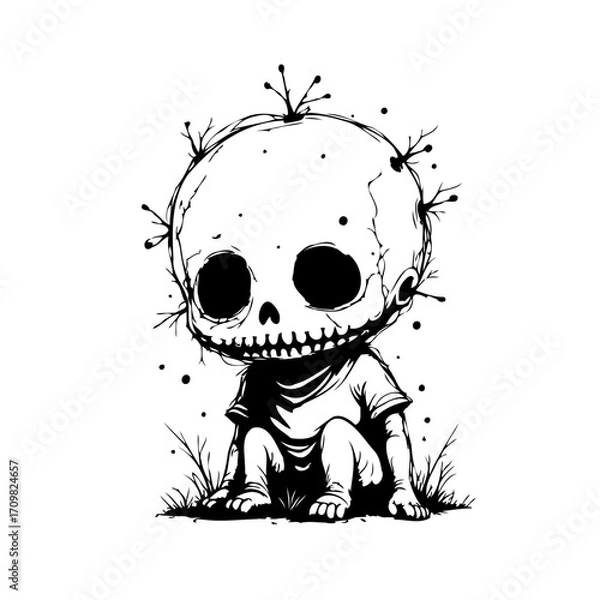 Fototapeta Whimsical skeletal character in a seated position, a monochrome illustration for imaginative
